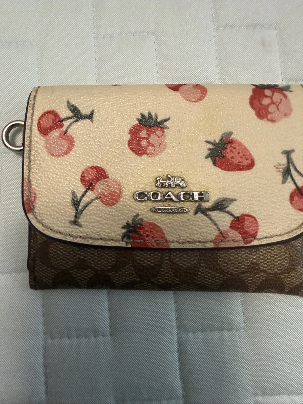 COACH Strawberry Print Fold-Over Wallet - Pink Cream Brown